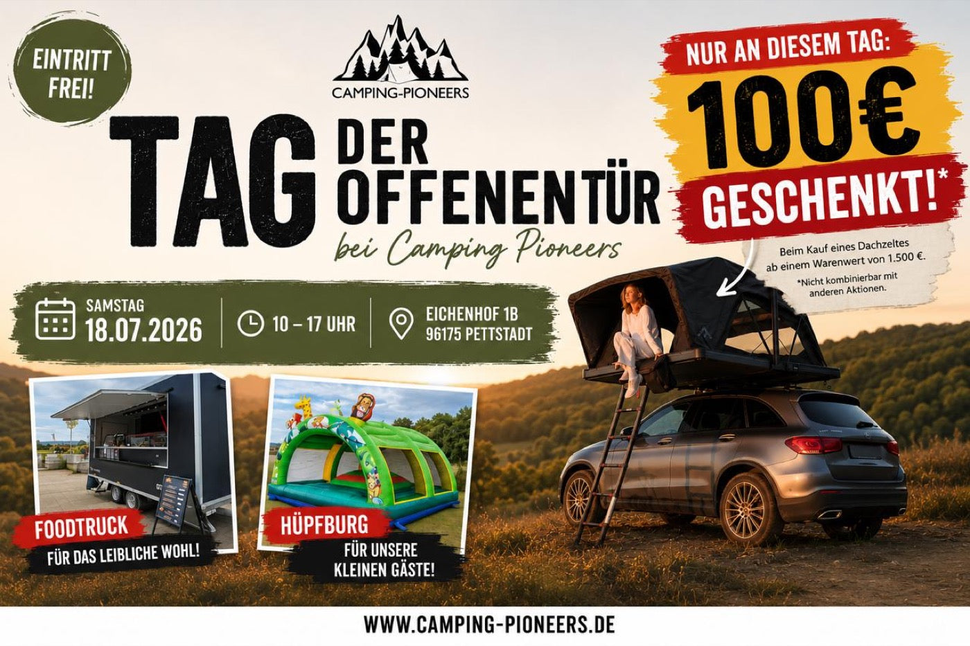 Querformat-Plakat mit Dachzelt, Foodtruck und Hüpfburg