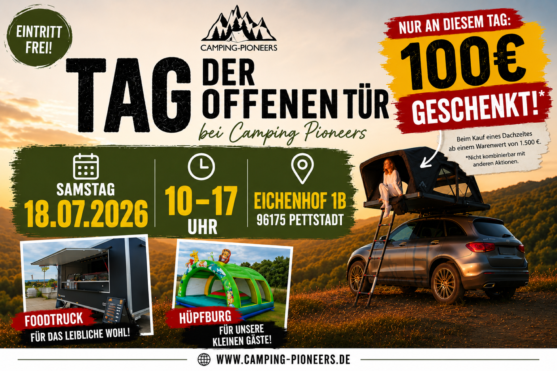 Tag der offenen Zelttür bei CAMPING-PIONEERS am 18.07.2026 von 10 bis 17 Uhr in Pettstadt mit Dachzelt, Foodtruck, Hüpfburg und 100-Euro-Tagesaktion